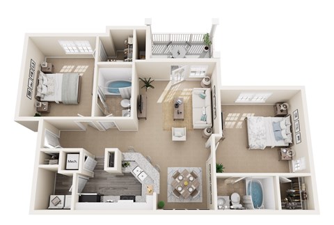 Floor plan for 2 beds, 2 baths, 1225 sqft